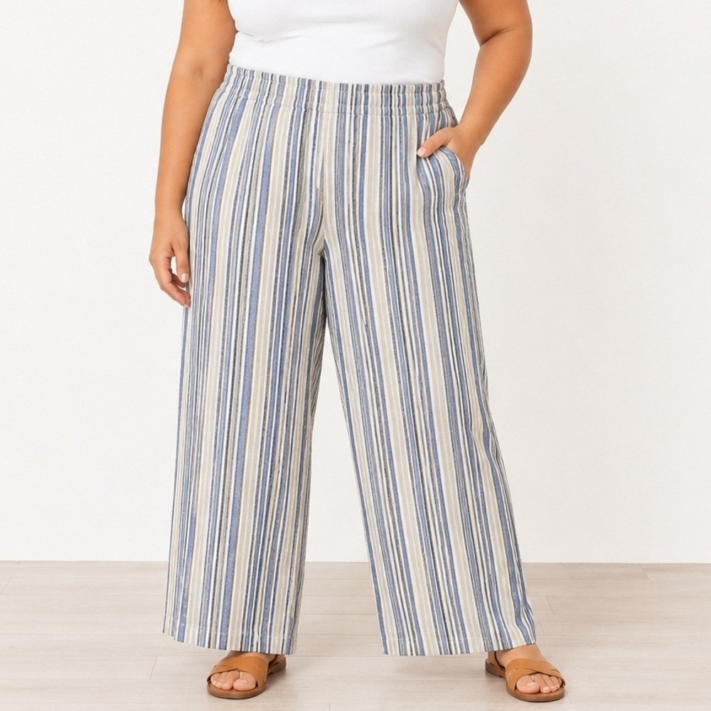 Woman Within Pants Women Size 18 Blue‎ Striped Linen Blend Pull On Elastic Waist